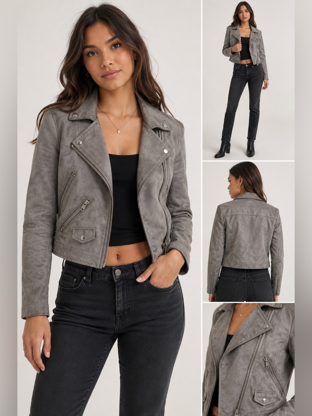 ASOS Petite Gray Faux Suede Moto Jacket Cropped Biker Jacket NWT US 0